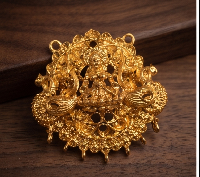 Custom Lakshmi pendant in imitation antique gold with kemp stonework, wholesale temple jewellery by Jagruti Mumbai